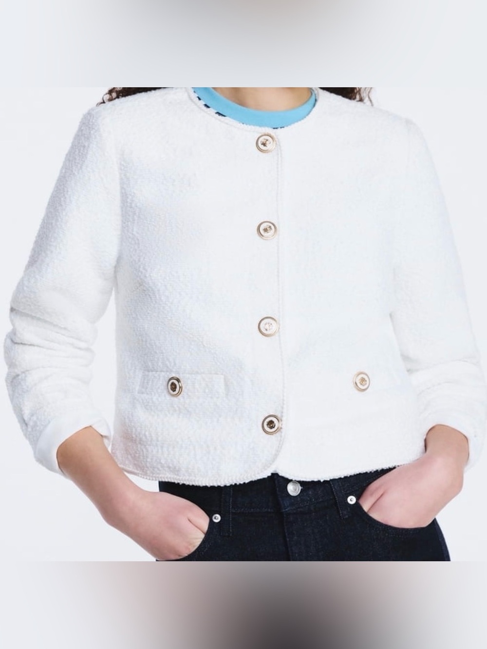 TSE Cream Bouclé Cropped Round-Neck Jacket